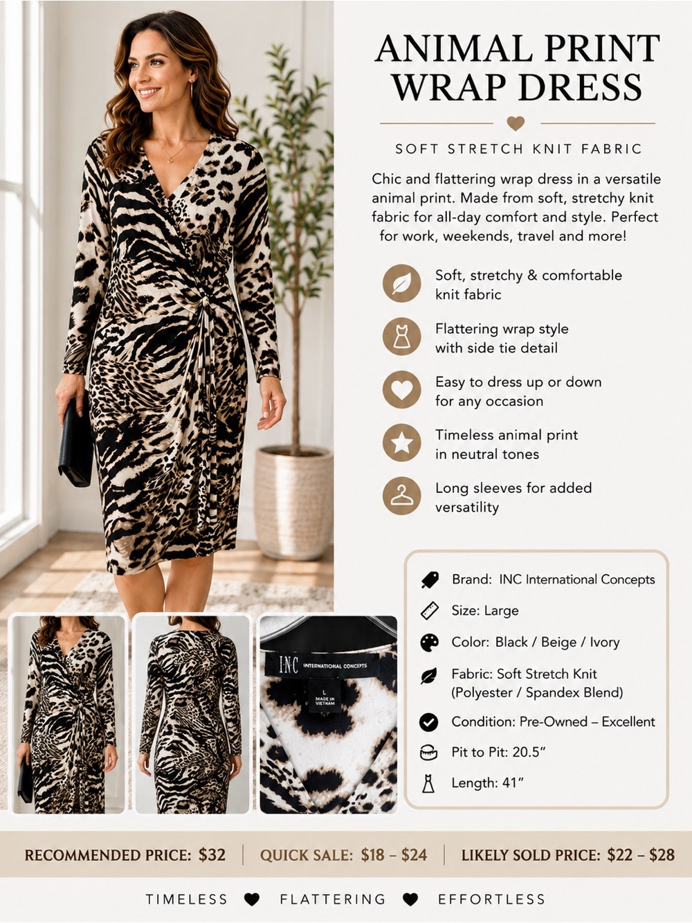 INC International Concepts Black Beige Ivory Animal Print Wrap Dress